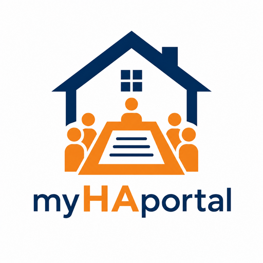 myHAportal logo featuring a navy house, orange board table, and the words myHAportal